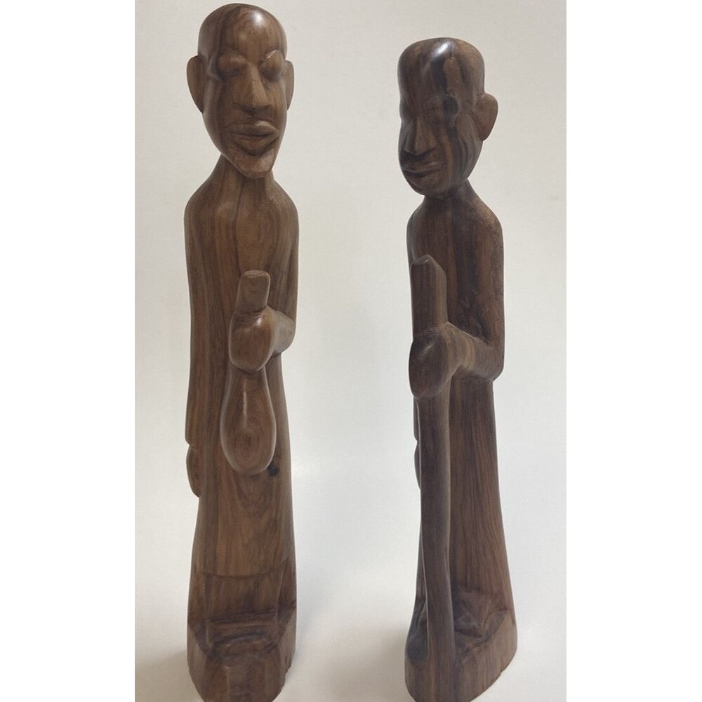 African Teak Hand Carved Natives Walking Stick And Jug Binadamu Makonde Art